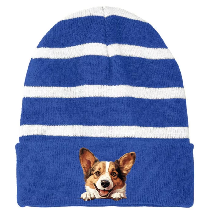 Nice And Funny Peeking Dog Cardigan Welsh Corgi Cute Gift Striped Beanie with Solid Band