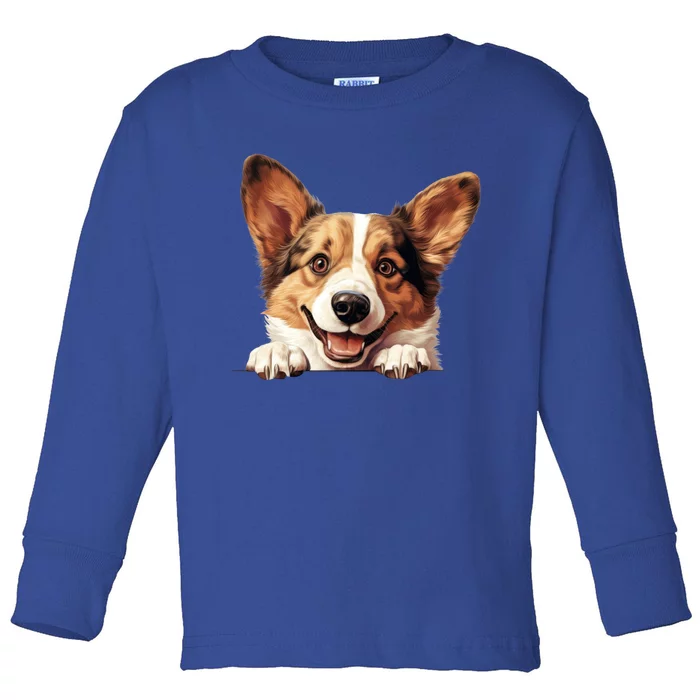 Nice And Funny Peeking Dog Cardigan Welsh Corgi Cute Gift Toddler Long Sleeve Shirt