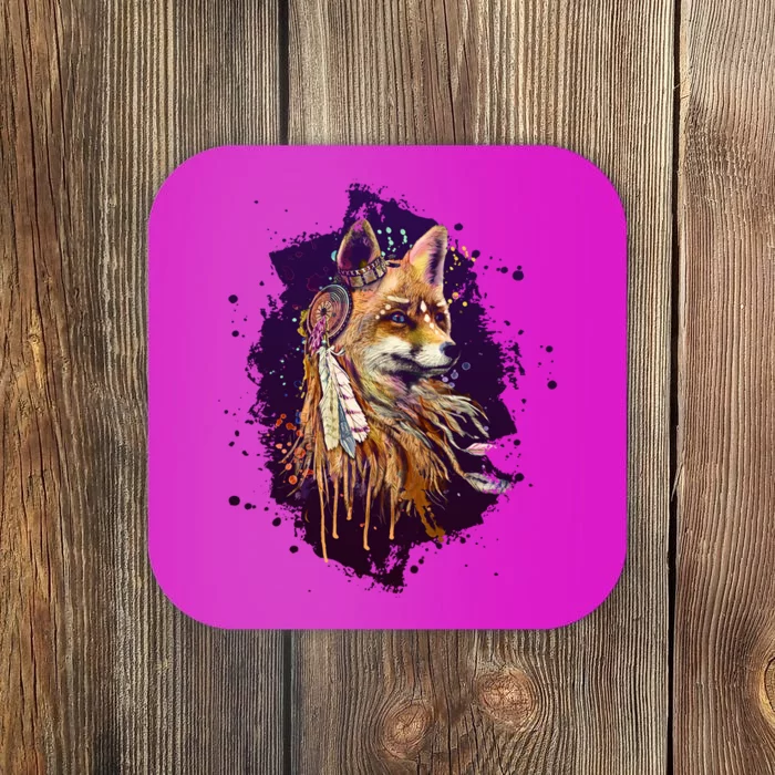 Native American Head Dress Fox Paint Splatter Coaster