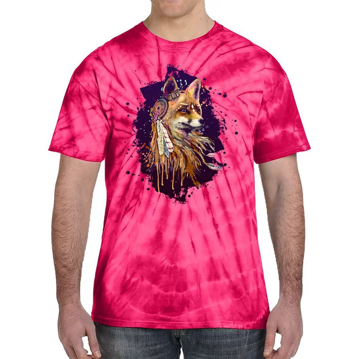 Native American Head Dress Fox Paint Splatter Tie-Dye T-Shirt