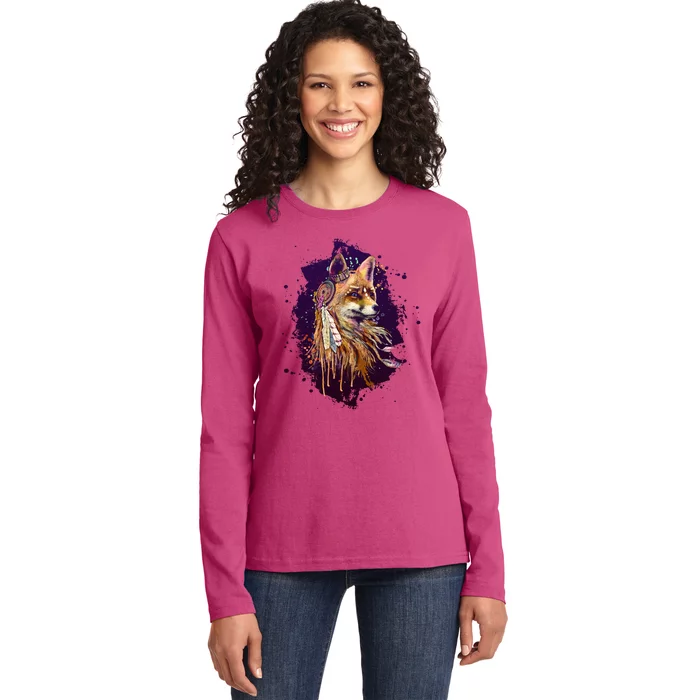 Native American Head Dress Fox Paint Splatter Ladies Long Sleeve Shirt