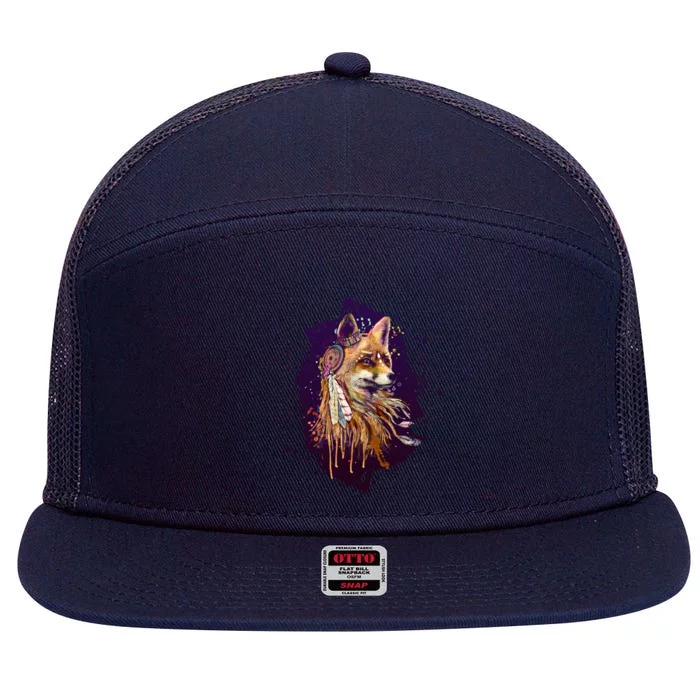 Native American Head Dress Fox Paint Splatter 7 Panel Mesh Trucker Snapback Hat