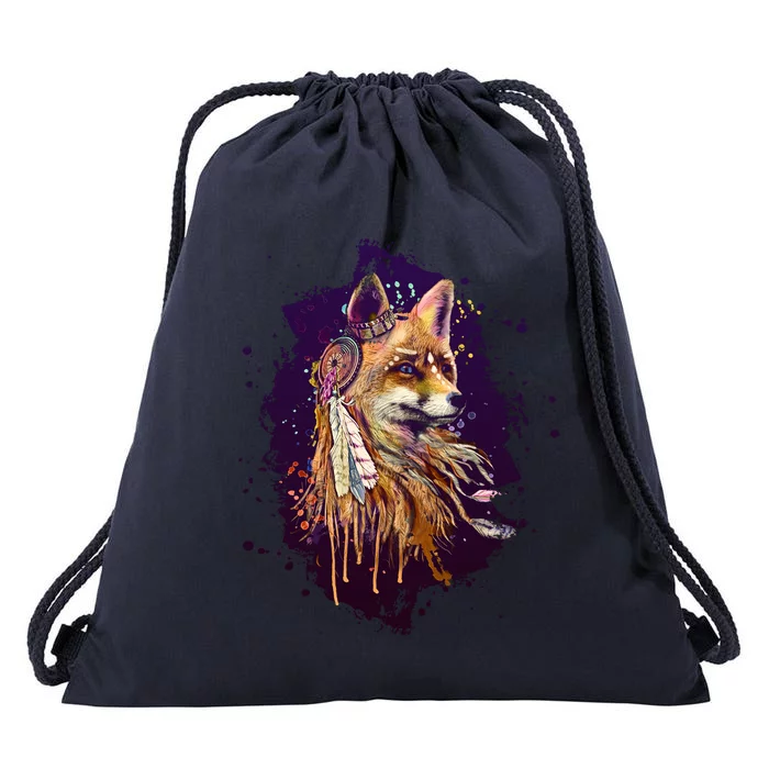 Native American Head Dress Fox Paint Splatter Drawstring Bag