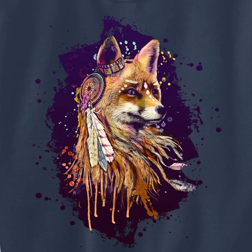 Native American Head Dress Fox Paint Splatter Kids Sweatshirt