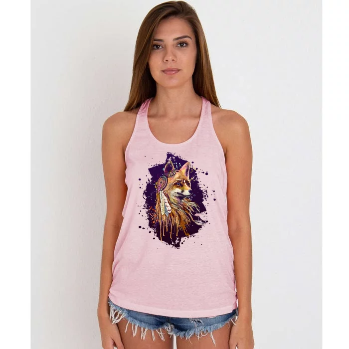 Native American Head Dress Fox Paint Splatter Women's Knotted Racerback Tank