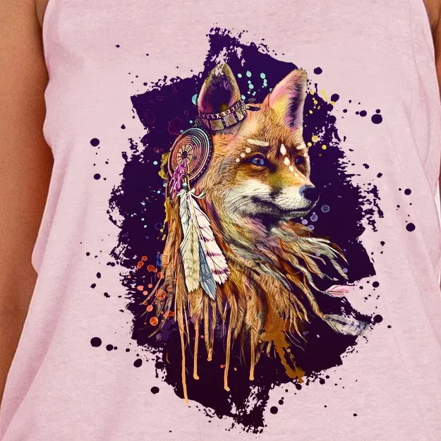 Native American Head Dress Fox Paint Splatter Women's Knotted Racerback Tank