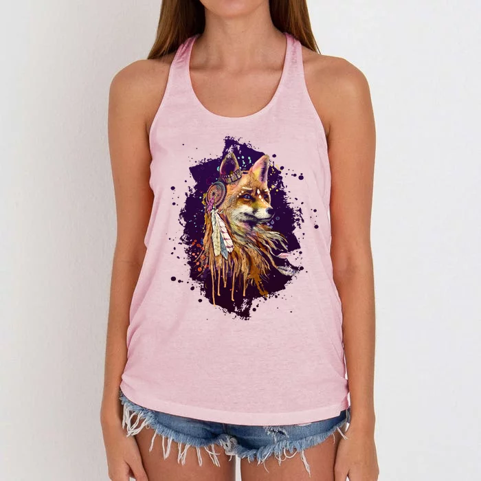 Native American Head Dress Fox Paint Splatter Women's Knotted Racerback Tank