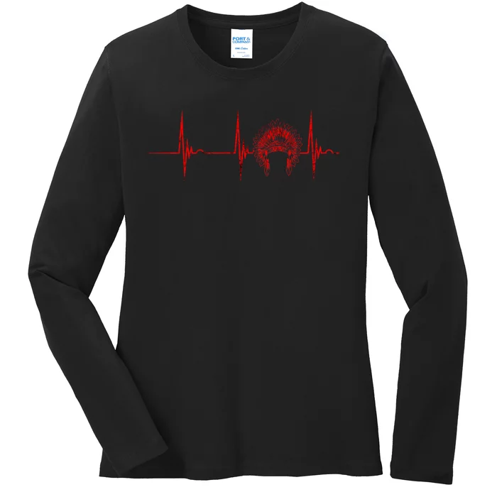 Native American Headdress Indian Chief Heartbeat Ekg Pulse Ladies Long Sleeve Shirt