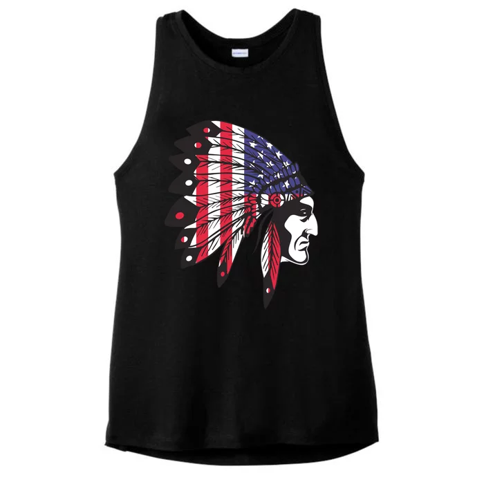 Native American Indian Chief American USA Flag 4th Of July Ladies Tri-Blend Wicking Tank