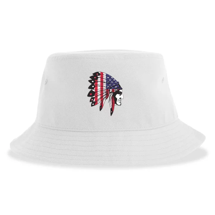 Native American Indian Chief American USA Flag 4th Of July Sustainable Bucket Hat