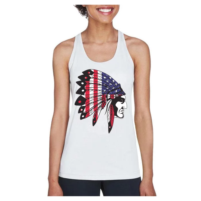 Native American Indian Chief American USA Flag 4th Of July Women's Racerback Tank