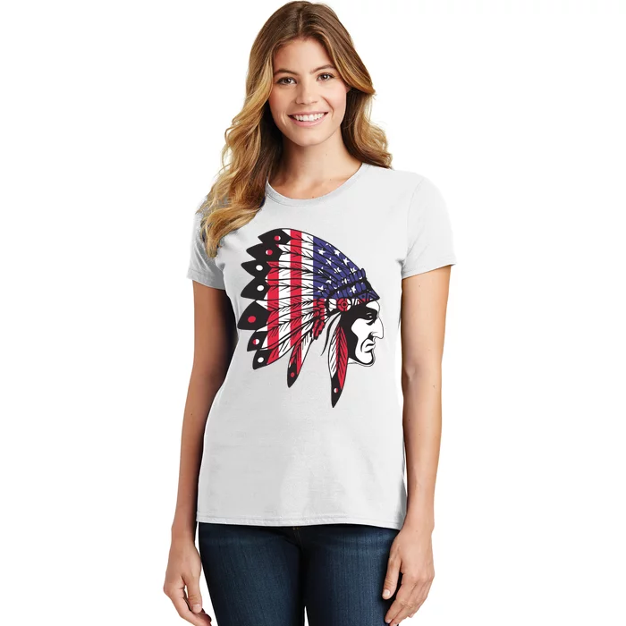 Native American Indian Chief American USA Flag 4th Of July Women's T-Shirt