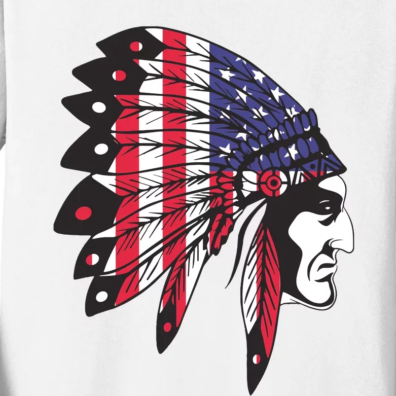 Native American Indian Chief American USA Flag 4th Of July Kids Long Sleeve Shirt