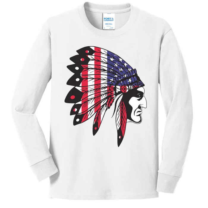 Native American Indian Chief American USA Flag 4th Of July Kids Long Sleeve Shirt