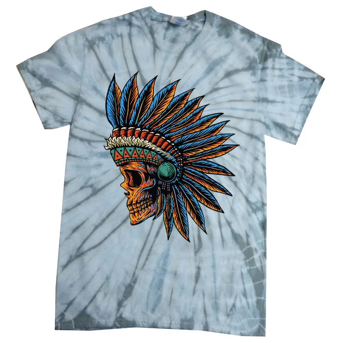 Native American Indian Chief Skull Motorcycle Headdress Blue Tie-Dye T-Shirt