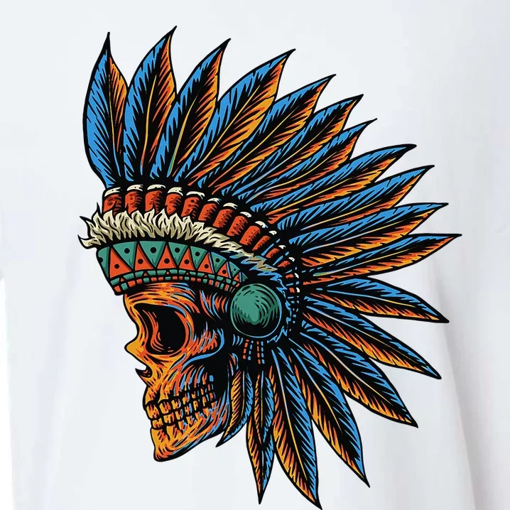 Native American Indian Chief Skull Motorcycle Headdress Blue Sueded Cloud Jersey T-Shirt