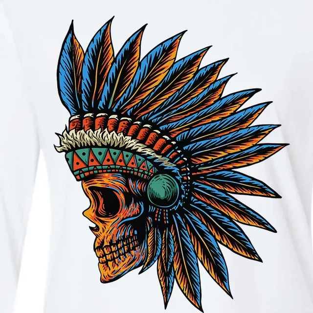 Native American Indian Chief Skull Motorcycle Headdress Blue Womens Cotton Relaxed Long Sleeve T-Shirt