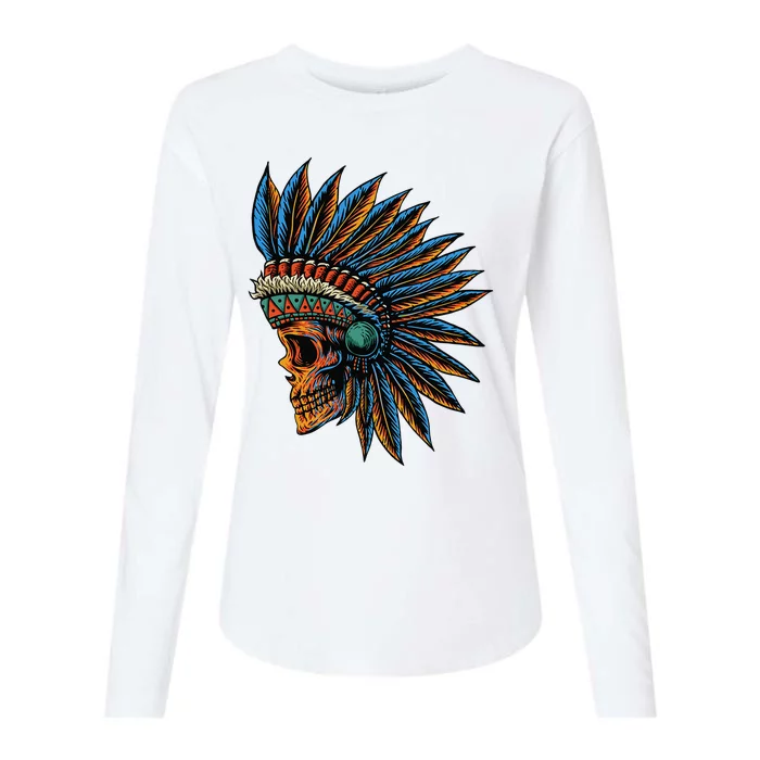 Native American Indian Chief Skull Motorcycle Headdress Blue Womens Cotton Relaxed Long Sleeve T-Shirt