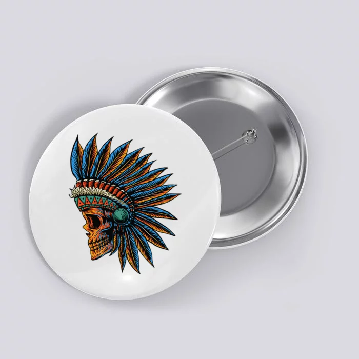 Native American Indian Chief Skull Motorcycle Headdress Blue Button