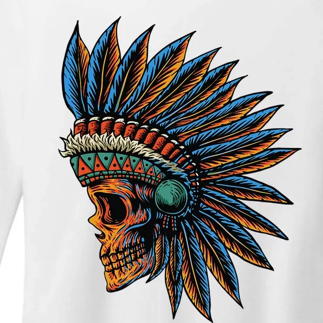 Native American Indian Chief Skull Motorcycle Headdress Blue Womens CVC Long Sleeve Shirt