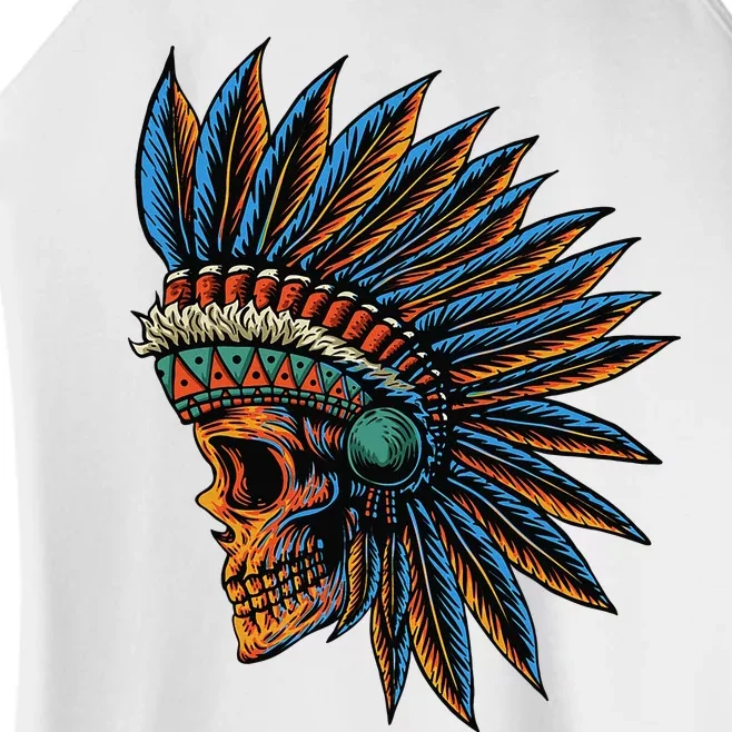 Native American Indian Chief Skull Motorcycle Headdress Blue Women’s Perfect Tri Rocker Tank