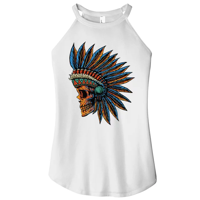 Native American Indian Chief Skull Motorcycle Headdress Blue Women’s Perfect Tri Rocker Tank