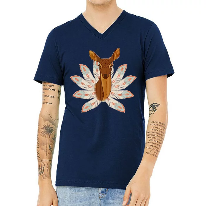 Native American Pattern Totem Deer V-Neck T-Shirt