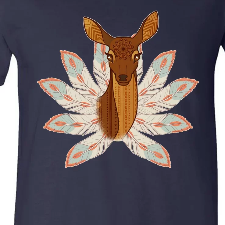 Native American Pattern Totem Deer V-Neck T-Shirt