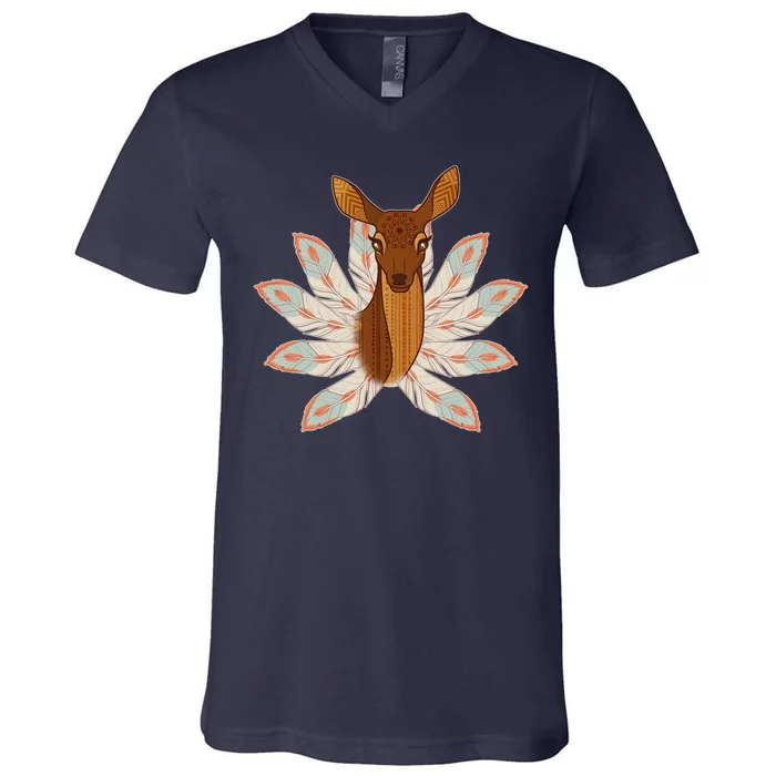 Native American Pattern Totem Deer V-Neck T-Shirt