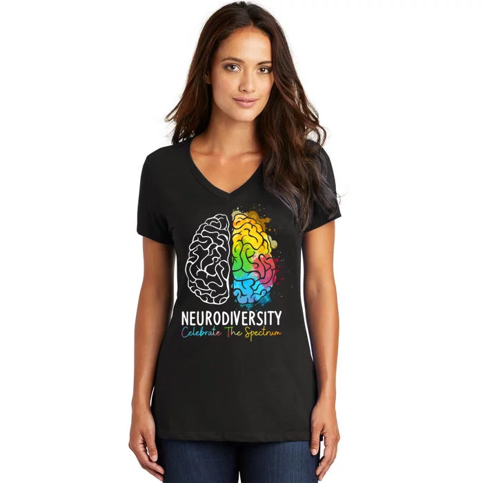 Neurodiversity Autism Spectrum ASD ADHD Rainbow Brain Women's V-Neck T-Shirt