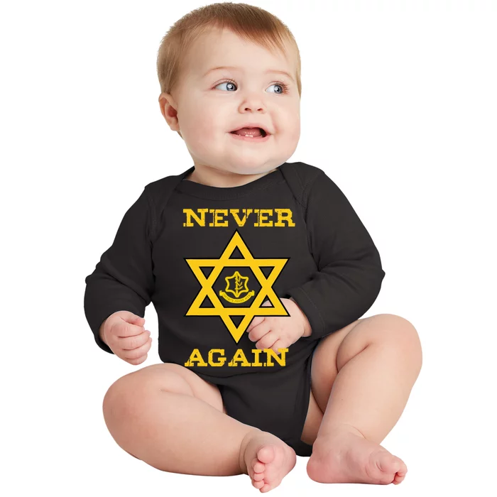 Never Again Support Israel Jewish Star Of David Idf Logo Baby Long Sleeve Bodysuit