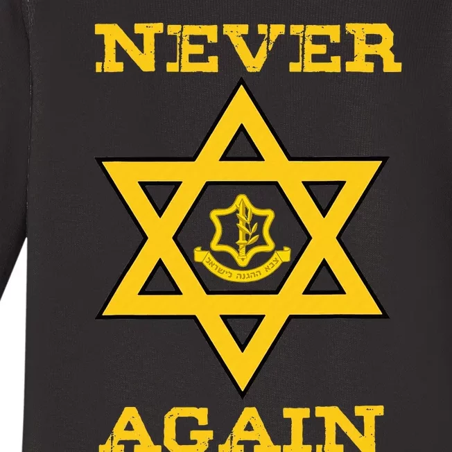 Never Again Support Israel Jewish Star Of David Idf Logo Baby Long Sleeve Bodysuit