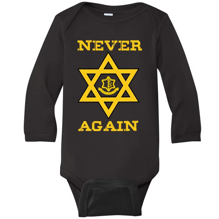 Never Again Support Israel Jewish Star Of David Idf Logo Baby Long Sleeve Bodysuit