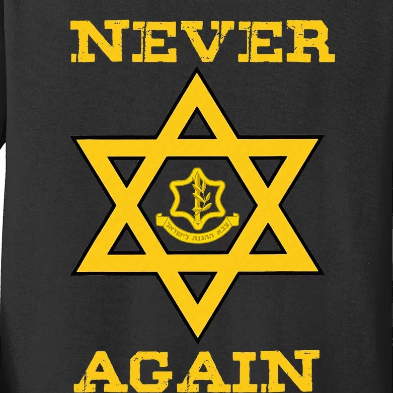 Never Again Support Israel Jewish Star Of David Idf Logo Kids Long Sleeve Shirt