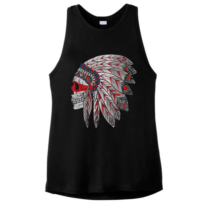 Native American Skull Feathers Ladies Tri-Blend Wicking Tank