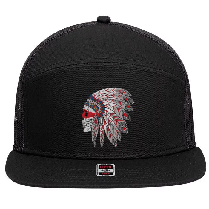 Native American Skull Feathers 7 Panel Mesh Trucker Snapback Hat