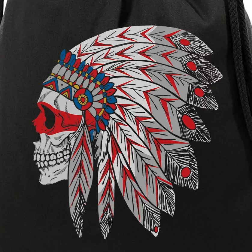 Native American Skull Feathers Drawstring Bag