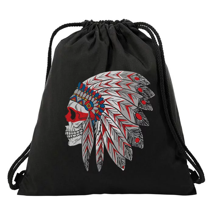 Native American Skull Feathers Drawstring Bag