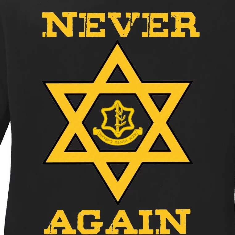 Never Again Support Israel Jewish Star Of David Idf Logo Ladies Long Sleeve Shirt