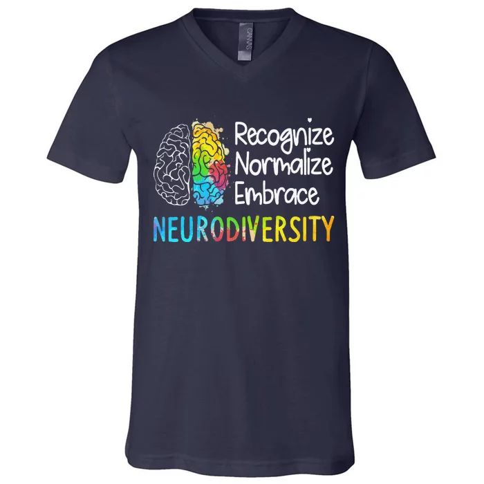 Neurodiversity Autism Spectrum ASD ADHD Rainbow Brain Gift V-Neck T-Shirt