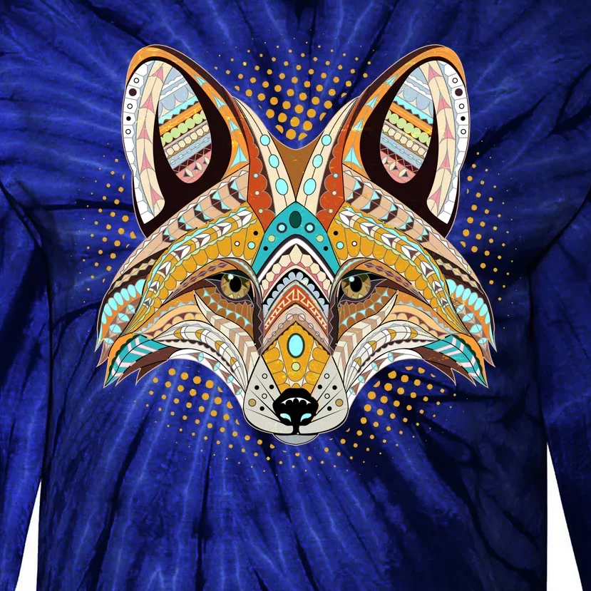 Native American Tribal Fox Face Tie-Dye Long Sleeve Shirt