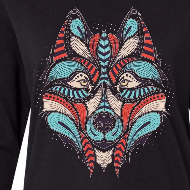 Native American Tribal Wolf Face Womens Cotton Relaxed Long Sleeve T-Shirt