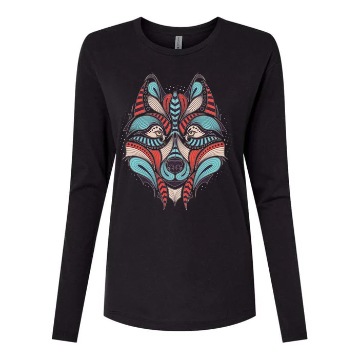 Native American Tribal Wolf Face Womens Cotton Relaxed Long Sleeve T-Shirt