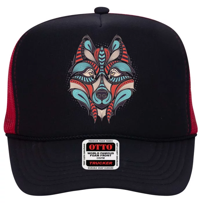 Native American Tribal Wolf Face High Crown Mesh Trucker Hat