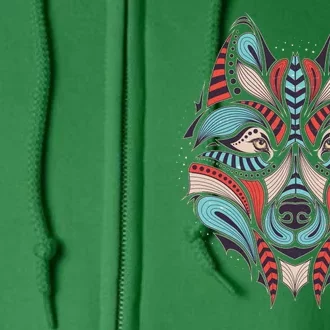 Native American Tribal Wolf Face Full Zip Hoodie