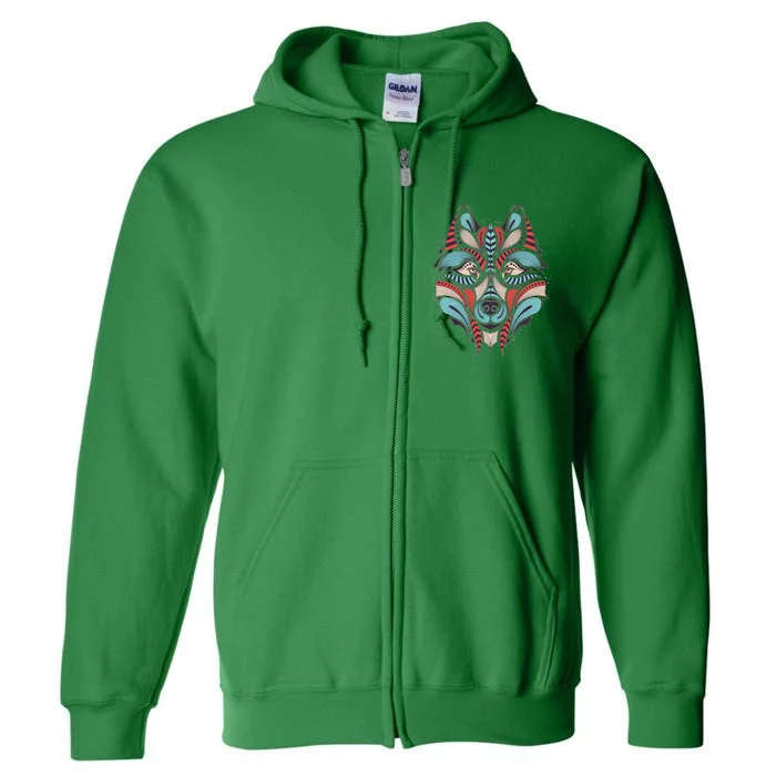 Native American Tribal Wolf Face Full Zip Hoodie