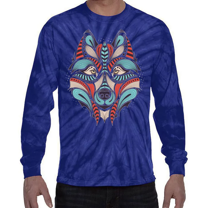 Native American Tribal Wolf Face Tie-Dye Long Sleeve Shirt