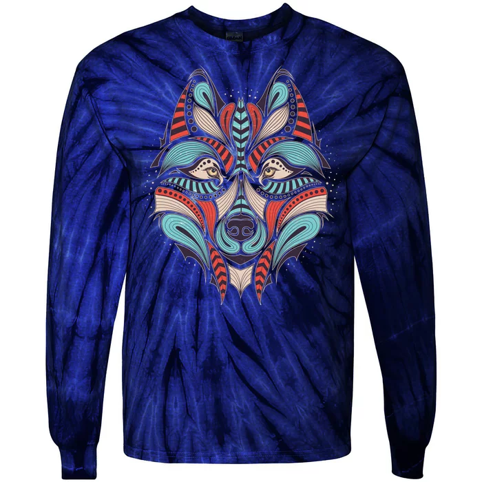 Native American Tribal Wolf Face Tie-Dye Long Sleeve Shirt