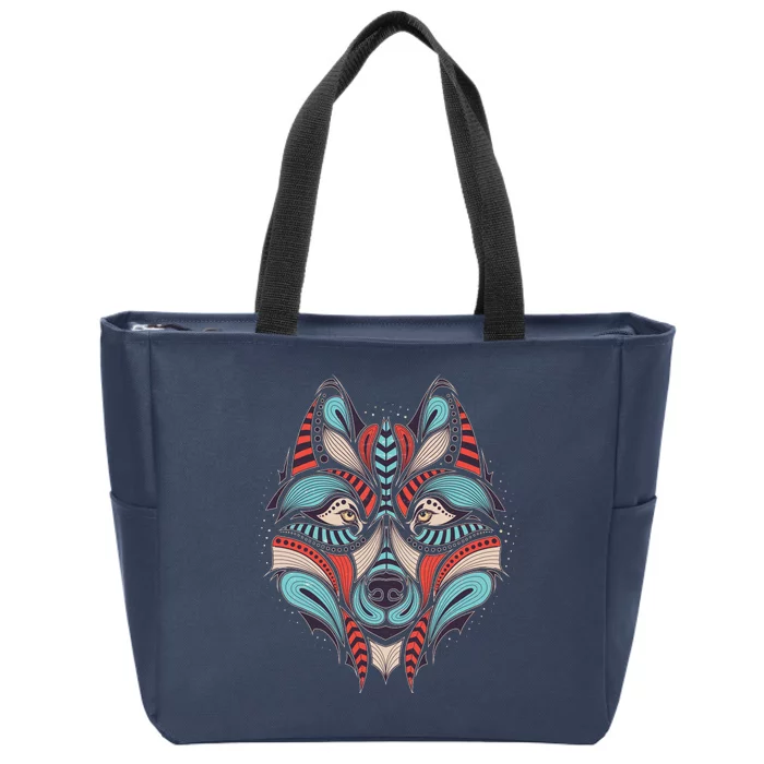 Native American Tribal Wolf Face Zip Tote Bag