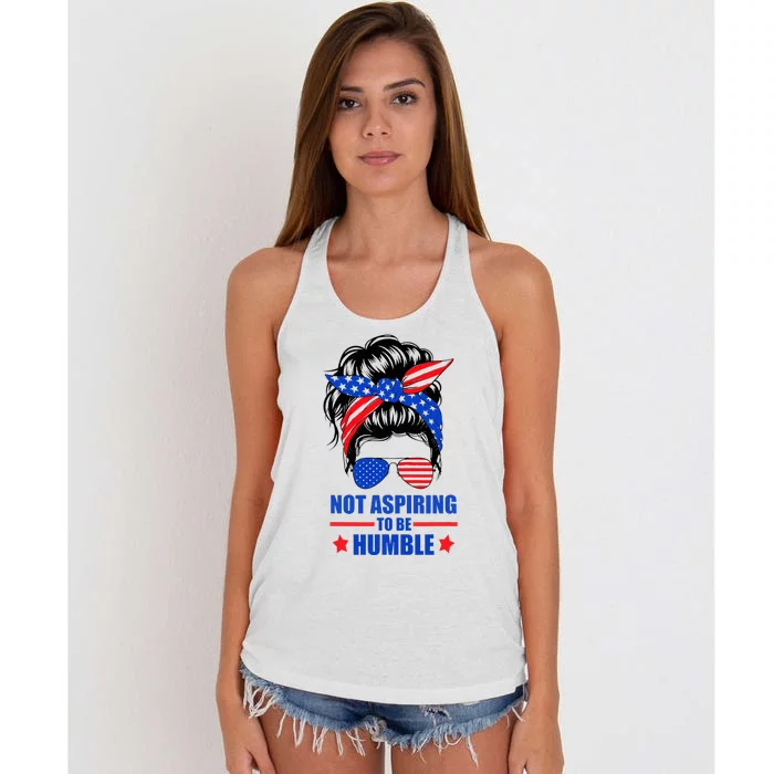 Not Aspiring To Be Humble Messy Bun Sunglasses American Flag Women's Knotted Racerback Tank